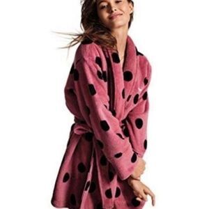 PINK Victoria's Secret Polka Dot Plush Fleece Robe Tie Waist Pink Black Sz XS/S